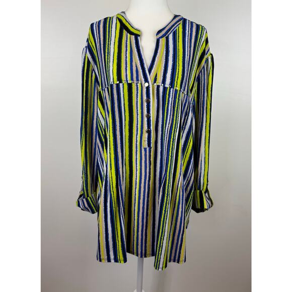 Cocomo Woman Striped Popover Blouse Sz 3X Colorful Studded Roll Tab Sleeve Flowy - Picture 1 of 12